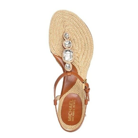 New! MICHAEL KORS Women's Rhinestone T-Strap Espadrille Sandals Size 8 Brown - Picture 2 of 14